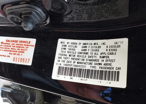 2017 Honda Accord Sport Se z USA, uszkodzony, nr VIN 1HGCR2F10HA243331